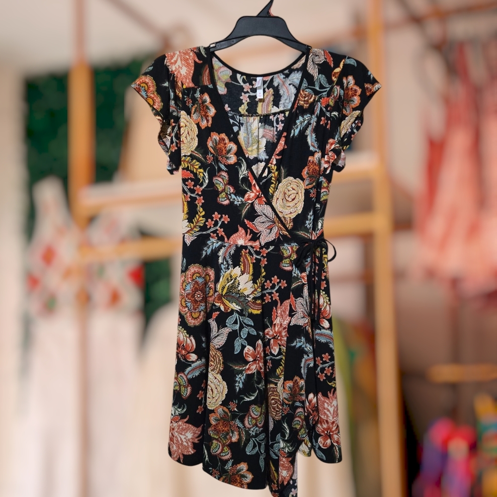 Xhilaration Floral Wrap Dress - Black and Multicolor